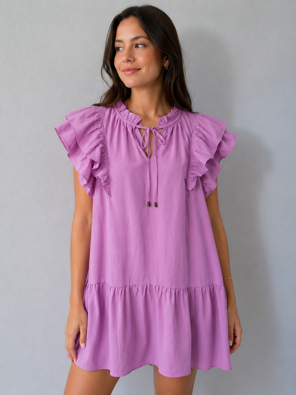 Entro womens size large purple pink cap sleeve flutter dress with bow tie preppy